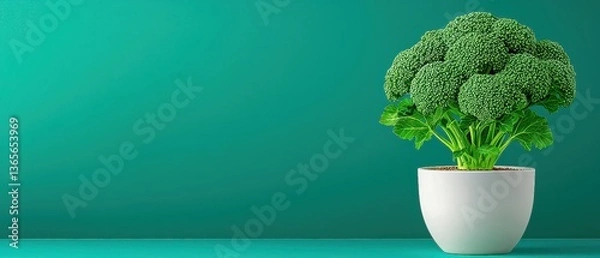 Obraz Fresh organic broccoli sprouts, alongside a vibrant broccoli plant on a white plate, showcase their green hues. The scene, indoors, with a brown pot.
