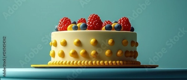 Obraz Mid-century modern food styling showcased a minimalist aesthetic. Cake and dessert, featuring strawberries, blueberries, and cream, epitomized this look.