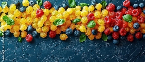 Obraz Superhero logo-shaped pasta salad, a yellow and red delight Filled with Berries: blueberries & raspberries. A super salad