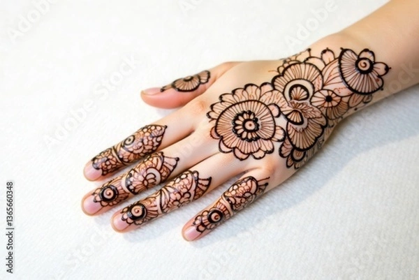 Fototapeta Intricate floral mehndi design on white background with subtle shading and tribal patterns , tribal fashion, intricate patterns