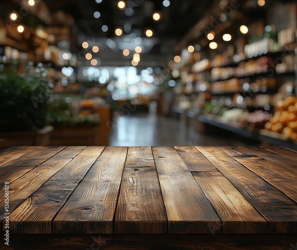 Fototapeta A rustic wooden table in front of well-organized shelves filled with various products in a modern grocery store