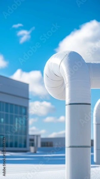 Obraz A close-up of a white pipe with a curved joint against a blue sky and modern building, showcasing industrial architecture and design.