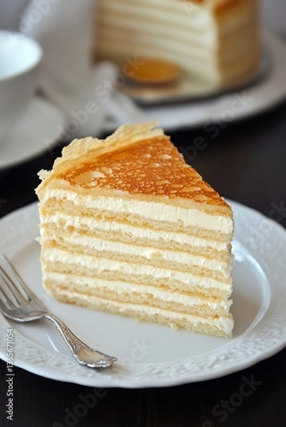 Fototapeta Delectable Creamy Pancake Cake Slice