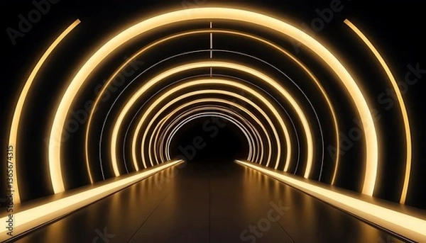 Fototapeta Illuminated tunnel with concentric glowing arches for futuristic design