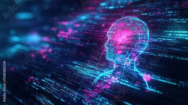 Fototapeta An Enigmatic Portrait with a Glowing Neon Blue and Pink Background Highlighting the Intricacies of Facial Features and the Essence of Modern Artistry