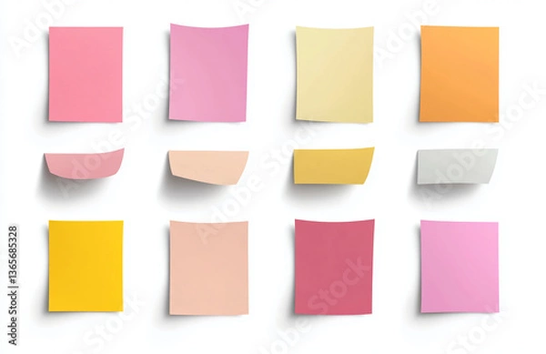 Fototapeta Arrangement of twelve colorful sticky notes on a white background in a grid pattern