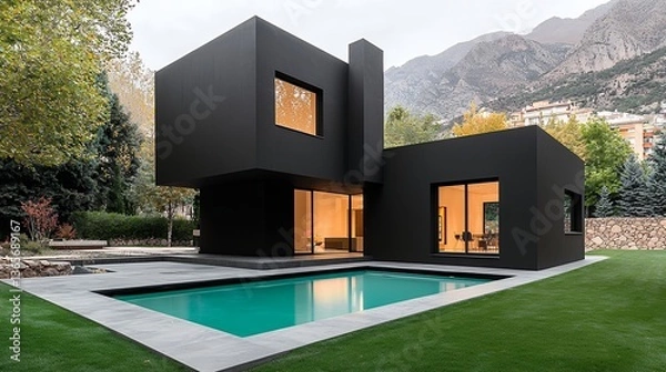 Obraz Modern Black Cube House with Swimming Pool and Mountain View