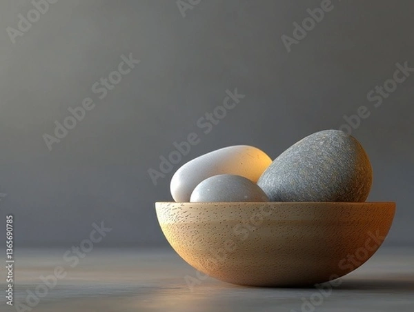 Fototapeta Simple Wooden Bowl Filled with Smooth Glowing Stones on Muted Gray Background for Tranquil and Serene Decorative or Artistic Presentation