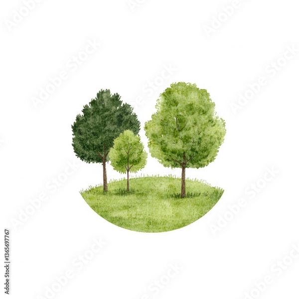 Fototapeta A picturesque illustration of three vibrant trees on a grassy patch, showcasing various shades of green against a white isolated background. Perfect for nature-themed projects.