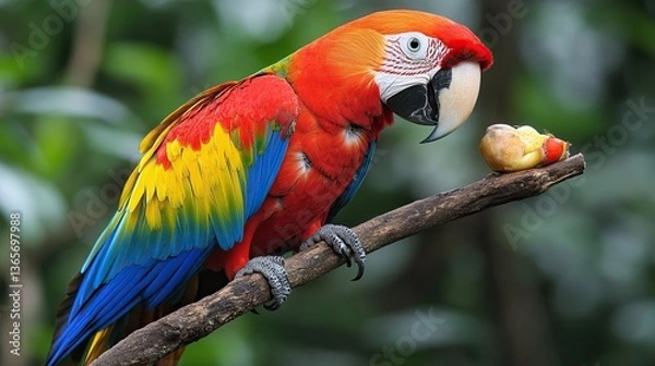 Fototapeta Bright Scarlet Macaw Perched on a Branch, Capturing the 