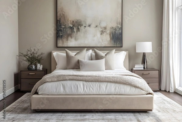 Fototapeta A large bed with a white comforter and pillows is in a room with a white wall