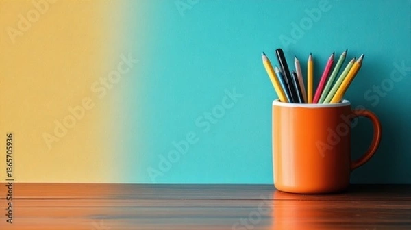 Fototapeta Bright and Colorful Desk Setup with Colored Pencils in an Orange Mug on a Wooden Surface Against Two-Tone Background