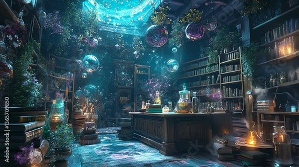 Fototapeta A magical library filled with mystical elements.