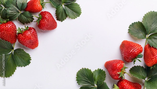 Fototapeta Strawberry season mockup, summer theme border, with free space for text. White plane background, red ripe berries on the upper side.