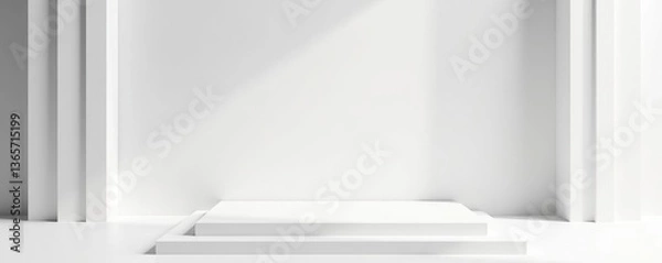 Fototapeta Soft light white abstract stage with geometric lines, polygons background and white wood shelf for product display,  geometric, soft light