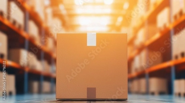 Fototapeta Expansive Interior of Warehouse Featuring a Single Cardboard Box in Soft Lighting