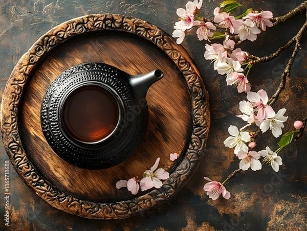 Obraz Black iron teapot with cherry blossom flowers and a cup of tea on a wooden plate