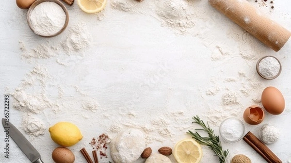 Fototapeta Baking ingredients preparation kitchen culinary setup cozy environment overhead view recipe essentials