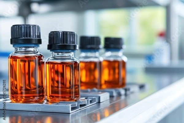 Obraz Amber Liquid in Glass Bottles on Conveyor Belt in a Laboratory
