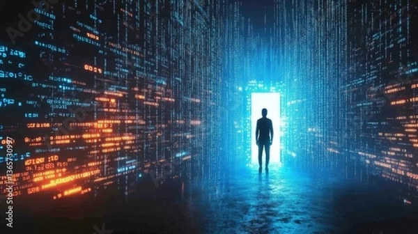 Fototapeta Man entering digital future metaverse data stream technology portal