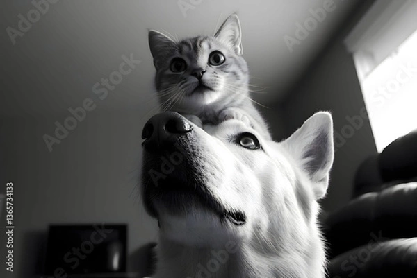 Fototapeta A heartwarming monochrome image of a fluffy white dog with a cute cat perched on its head, gazing upwards. The photo exudes a sense of calm and companionship.