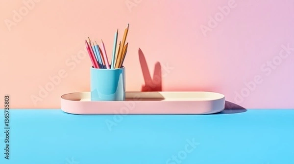 Fototapeta Colorful Desk Scene with Pencil Holder and Colorful Pencils on Vibrant Background