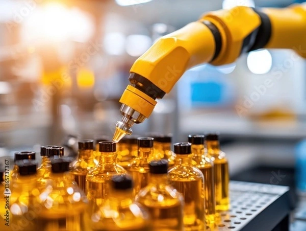 Fototapeta Yellow Robotic Arm Dispensing Liquid into Amber Bottles in an Industrial Setting