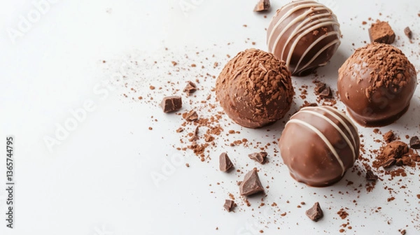 Fototapeta A luxurious chocolate truffle with a delicate cocoa coating, placed perfectly on white.