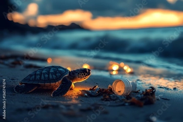 Fototapeta Turtle hatchling struggles through lights and debris on its way to the ocean