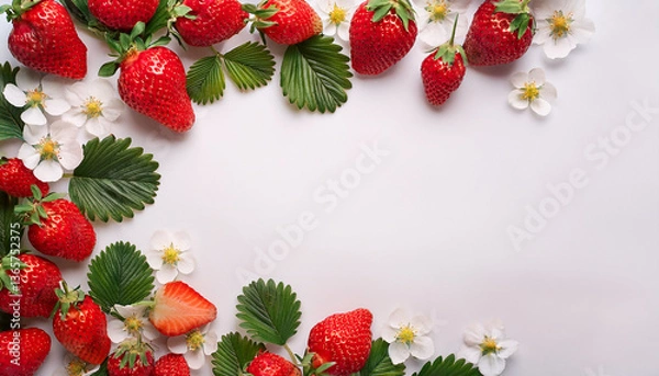 Fototapeta Strawberry season mockup, summer theme border, with free space for text. White plane background, red ripe berries on the upper side.