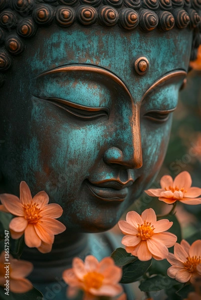Obraz Bronze Buddha statue with turquoise patina and blooming flowers creating a zen atmosphere of tranquility and peace