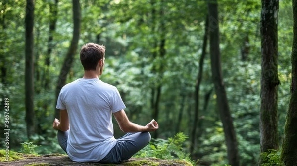 Obraz Serene Meditation in Nature: A person finds tranquility amidst the lush greenery of a forest, practicing meditation and embracing the calmness of the environment.