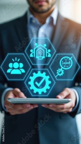 Fototapeta Man is holding a tablet with a blue screen that features a gear and a clock. Concept of progress and time management