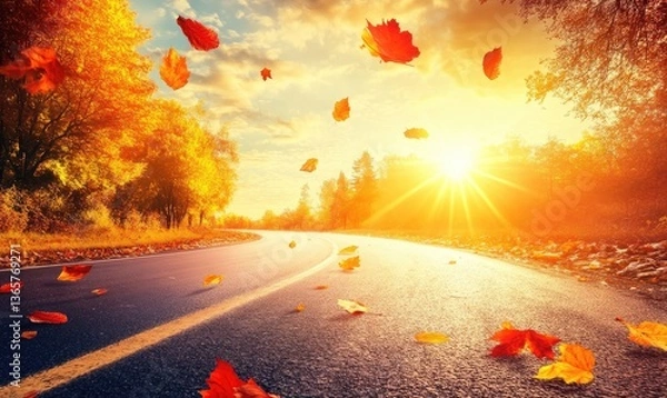 Obraz An autumn scene featuring leaves falling over a winding road