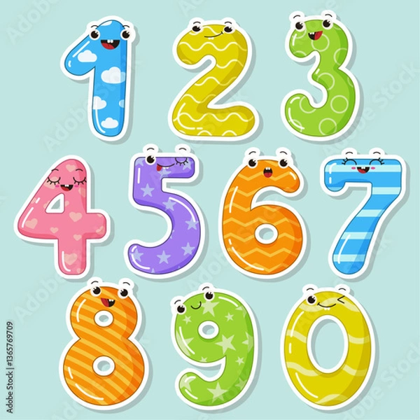 Fototapeta Vector Sticker set Numbers with emotions for kids	
