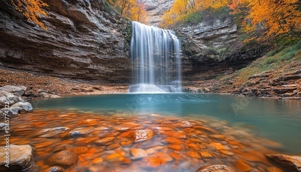 Obraz A beautiful waterfall cascading into a serene and colorful pool