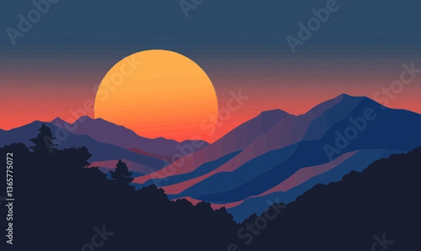 Fototapeta Minimalist Mountain Landscape with Sunset in Flat Vector Style for Nature and Tranquility Concepts