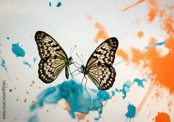 Fototapeta Two butterflies gracefully interacting against a colorful splash background