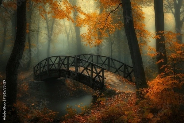 Obraz A wooden bridge spans over a stream in the autumn forest