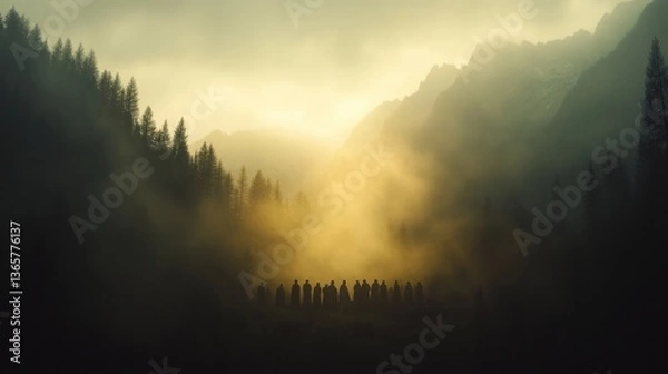 Obraz Worship scene in a natural cathedral of mountains, with soft golden light and mist creating a sacred atmosphere.

