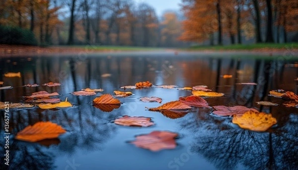 Obraz Autumn colored leaves float on water near reflective trees