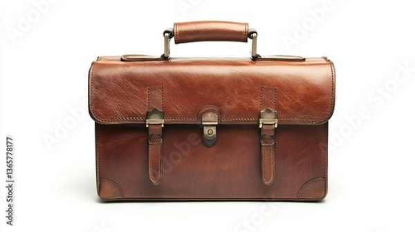 Fototapeta Brown leather briefcase with metal clasps and handle, isolated on white.