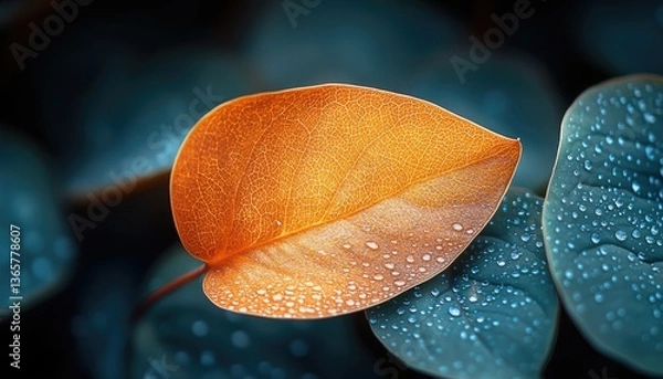 Obraz A vibrant orange leaf with water droplets on its surface