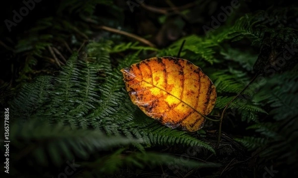 Obraz An illuminated autumn leaf rests on verdant green ferns