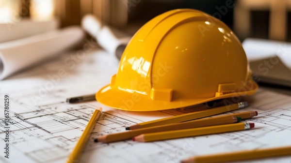 Fototapeta Yellow Construction Helmet on Architectural Blueprints with Rolled-Up Plans and Pencils, Representing Planning and Safety in Construction
