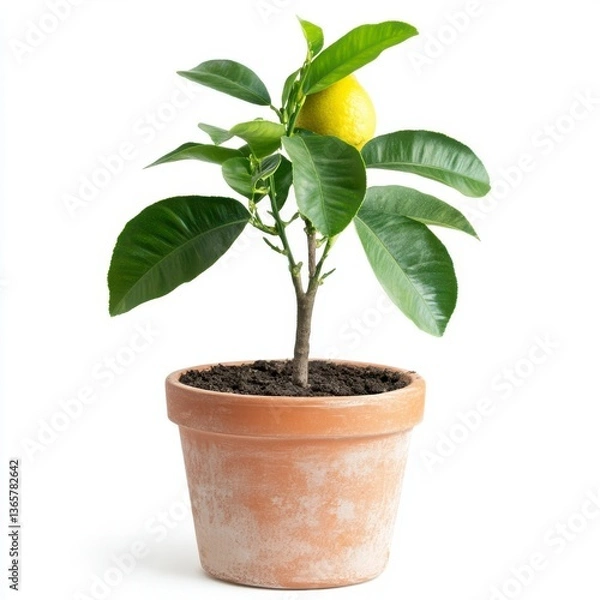 Fototapeta Small Lemon Tree in Terracotta Pot Against White Background