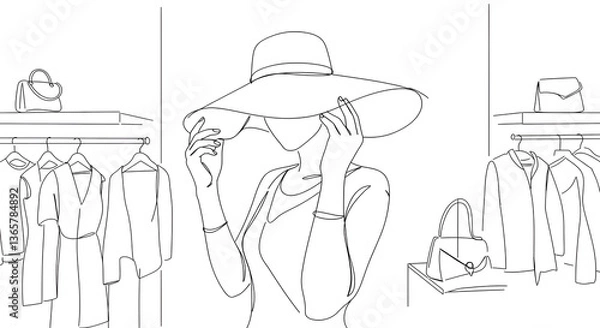 Obraz Fashion icon trying on a stylish hat in a boutique setting  