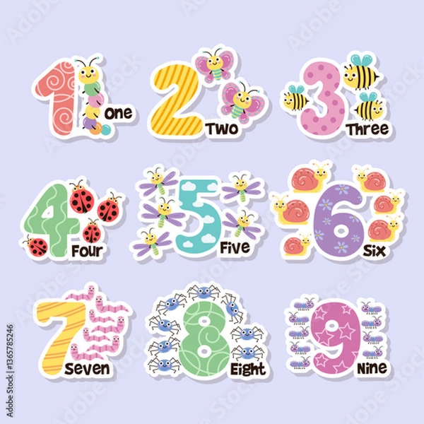 Fototapeta Vector sticker set of colorful numbers and cute insects. Math for kids	
