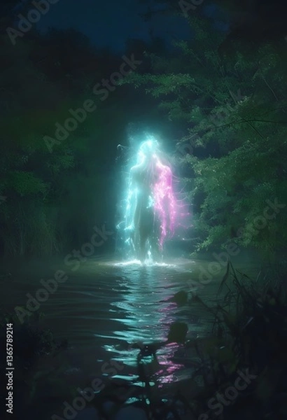 Fototapeta A glowing ethereal figure emerges from a dark forest lake, radiating blue and purple energy, creating a mystical and supernatural atmosphere