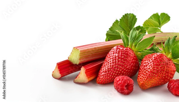 Fototapeta Strawberry and rhubarb season mockup, spring theme border, with free space for text. Red ripe berries with leaves on white background. Closeup.